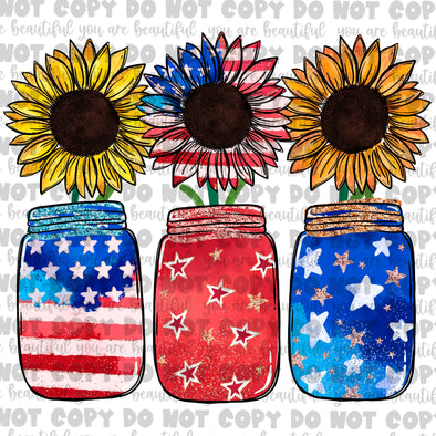 Patriotic Sunflowers In Mason Jars **DIGI PRINT/DTF/CLEAR FILM** TRANSFERS (NO MOQ)